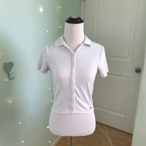 Hollister White Ribbed Collared Button-Up Polo Shirt